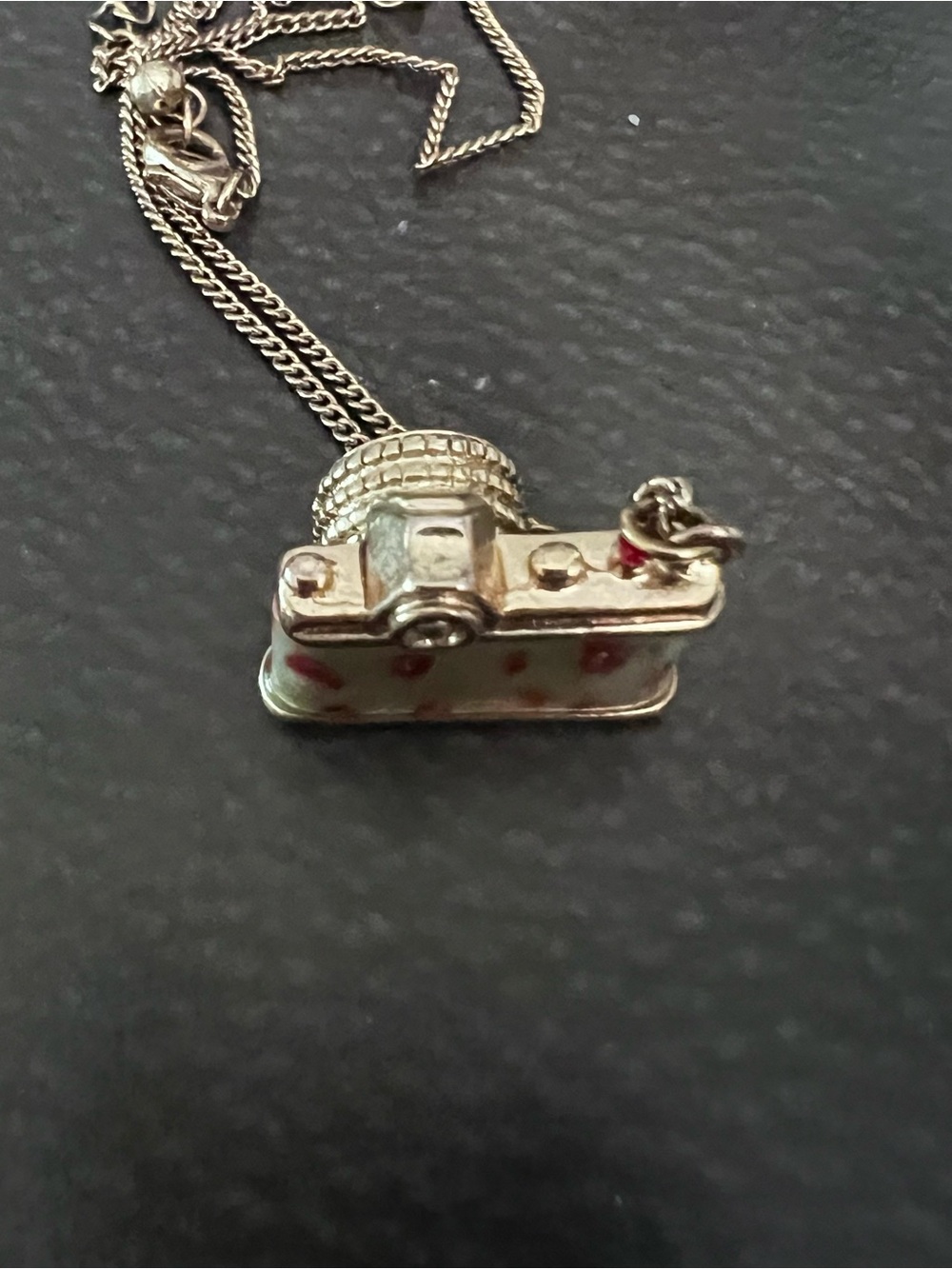 Camera Pendant Necklace with Rhinestones and Red Floral Accent - Picture 9 of 9